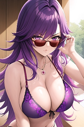 anime,lingerie model,one people,sunglasses,30s age,serious face,purple hair,messy hair style,filipina,soft + warm,gym,side vi
