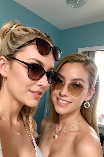 realistic,sorority,two people,sunglasses,60s age,happy face,blonde,ponytail hair style,middle eastern,mirror selfie,changing 