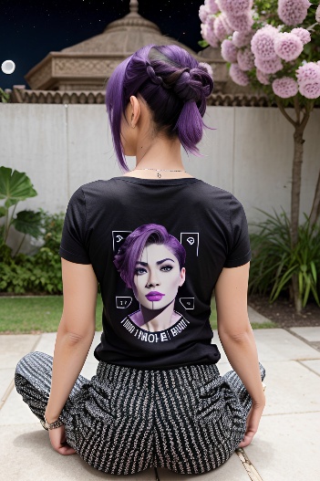 realistic,fairer skin,40s age,shocked face,purple hair,pixie hair style,indian,black and white,moon,back view,straddling,maid