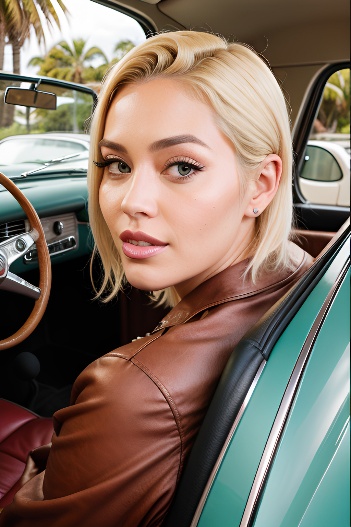 realistic,big ass,40s age,ahegao face,blonde,pixie hair style,polynesian,vintage,car,close-up view,on back,pajamas