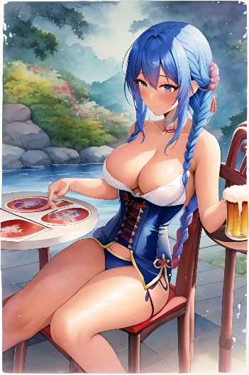 anime,woman,one people,tanned skin,50s age,orgasm face,blue hair,braided hair style,chinese,watercolor,wedding,side view,on b