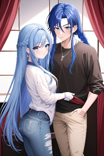 anime,celebrity,two people,long hair,18 age,shocked face,blue hair,braided hair style,korean,dark fantasy,club,front view,cum