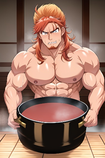 anime,bodybuilder,one people,muscular,70s age,angry face,ginger,hair bun hair style,greek,skin detail (beta),hot tub,front vi
